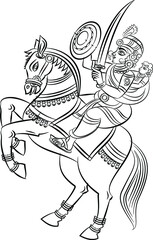 Traditional Indian or Rajasthani wall painting of worrier queen with her kid. Kalamkari or Rajasthani painting style, India.