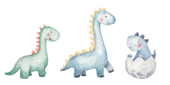 set of cute   dinosaurs, cute watercolor baby illustration