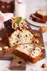 Pound cake with chocolate walnuts and hazelnuts. Delicious homemade dessert. 