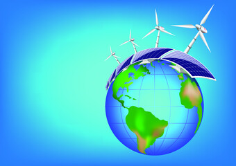 Naklejka premium renewable energy concept, photovoltaic with wind turbines in fresh nature, Around the world.