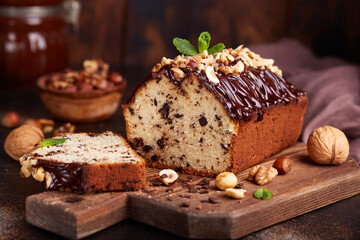 Pound cake with chocolate walnuts and hazelnuts. Delicious homemade dessert. 