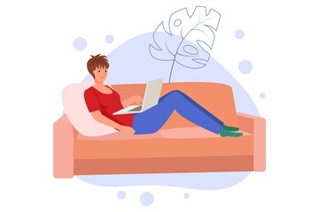 The freelancer is sitting at home, in self-isolation. The girl works on the computer, reads during 
quarantine. Work, leisure, and hobbies in isolation. Vector illustration in a flat cartoon style.