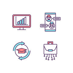 Digital transformation RGB color icons set. Digital technologies usage. Telemedicine. Training courses. Virtual workforce. Business model improvement. Remote medicine. Isolated vector illustrations