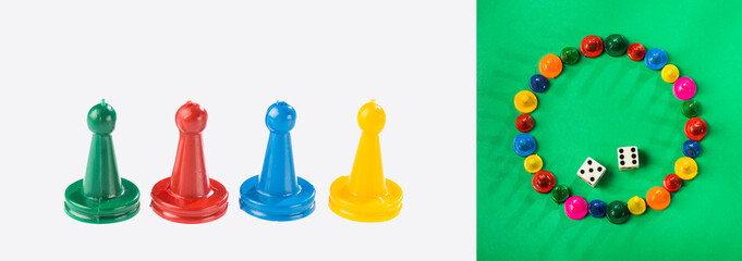 Colorful game pieces and dice - Text space