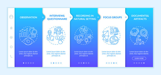 Interviews and questionnaires onboarding vector template. Recording in natural setting. Qualitative research. Responsive mobile website with icons. Webpage walkthrough step screens. RGB color concept