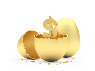 Broken golden egg with dollar sign and whole egg. 3d illustration 