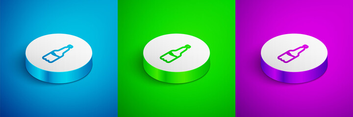 Isometric line Plastic beer bottle icon isolated on blue,green and purple background. White circle button. Vector.