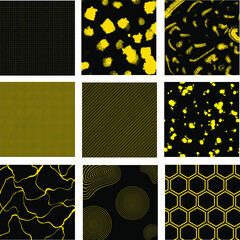 Vector collection of abstract geometric seamless patterns. Set of stylish backgrounds with elegant minimal labels. Abstract texture modern lines ornament. Fashionable yellow color. Design for print