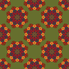 Abstract seamless pattern with mandala flower. Mosaic, tile, polka dot. Floral background.