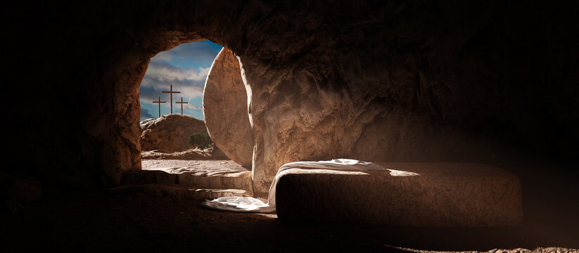 Crucifixion and Resurrection. Empty tomb of Jesus with crosses in the background. Easter or Resurrection concept. He is Risen.