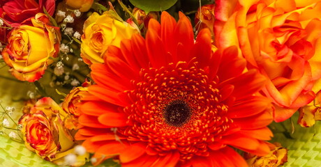 Bouquet of yellow-orange Roses, orange Gerbera and red Chrysanthemums close-up in the package
