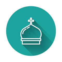 White line Christian church tower icon isolated with long shadow background. Religion of church. Green circle button. Vector.