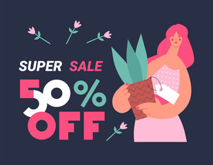 girl holding a pot with a flower in her hands sale at a discount