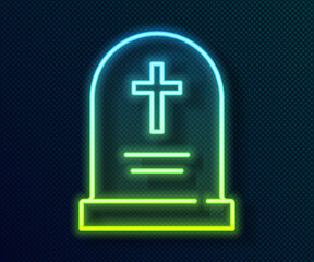 Glowing neon line Tombstone with cross icon isolated on black background. Grave icon. Happy Halloween party. Vector.