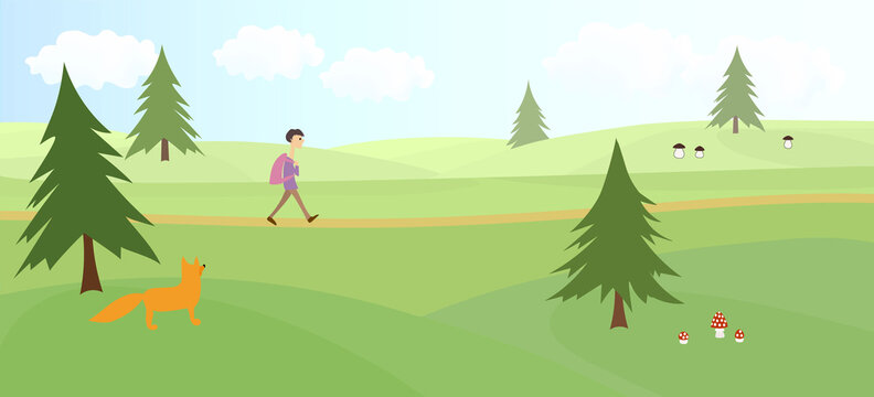 Boy with backpack walks in forest or park. Animals and plants. Vector cartoon image.