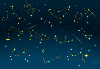Zodiac constellations. Vector space and stars illustration.