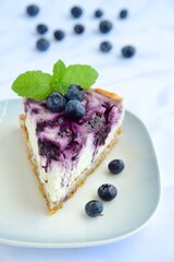 Blueberry cheesecake with mint leaf on white background