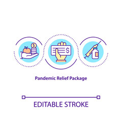 Fototapeta na wymiar Pandemic relief package concept icon. Helping companies to deal with covid pandemic problems. Finance idea thin line illustration. Vector isolated outline RGB color drawing. Editable stroke