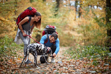 Young couple hiking with dog