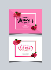 women day vector simple design with red rose decoration and square on pink and white background