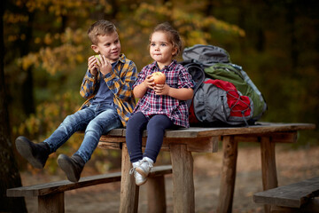Little girl and boy eating apple in nature