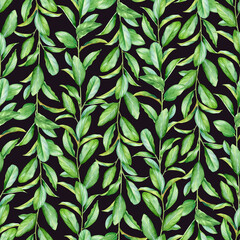 Seamless pattern with watercolor twigs with green leaves