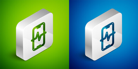 Isometric line Phone repair service icon isolated on green and blue background. Adjusting, service, setting, maintenance, repair, fixing. Silver square button. Vector.