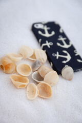 Background from natural seashells with smartphone on white beach towel