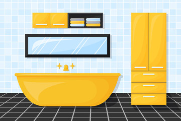 Bathroom with furniture. Cartoon interior. Black, yellow and blue bathroom. Vector illustration.