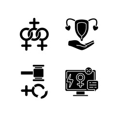 Feminism black glyph icons set on white space. Media sexism. Protection women rights. Gender equality. Expansion of the rights of women. Silhouette symbols. Vector isolated illustration