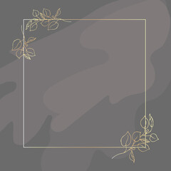 Gold frame. With golden branches of eucalyptus. On a gray background. Abstract transparent spots. Place for your text.