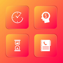 Set Clock with arrow, Business man planning mind, Old hourglass and Phone book icon. Vector.