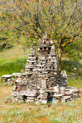 Free tourist camp near the ruins of the ancient city and the "Chaban-kule" tower, near the village of Morskoye on the Crimean peninsula.