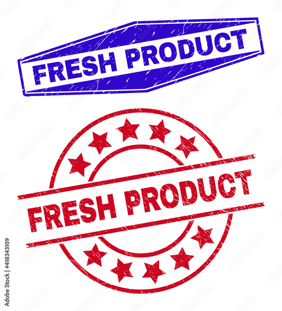 Wall mural FRESH PRODUCT badges. Red round and blue expanded hexagonal FRESH PRODUCT rubber imprints. Flat vector scratched seals with FRESH PRODUCT slogan inside round and compressed hexagonal shapes.