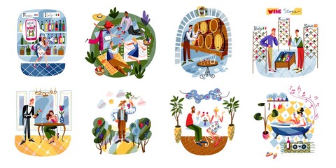 Obraz premium People drinking wine set. Man and woman on romantic date, people on picnic, in store, sitting in restaurant or cafe, storage with barrels. Eating and drinking vector illustration