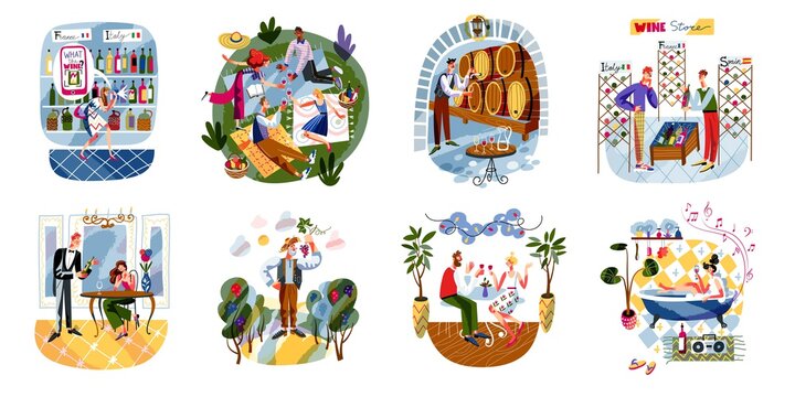 People drinking wine set. Man and woman on romantic date, people on picnic, in store, sitting in restaurant or cafe, storage with barrels. Eating and drinking vector illustration