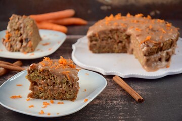Cinnamon chocolate carrot cake with date banana almond butter glaze. Vegan gluten free 