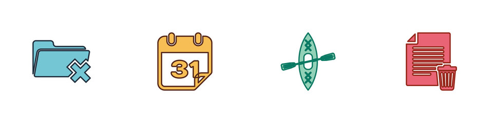 Set Delete folder, Calendar, Kayak and paddle and file document icon. Vector.