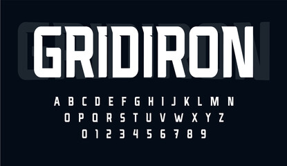 Sport condensed alphabet. Tall monumental font for modern american football logo. Typeset for rugby gridiron branding, sport headline, monogram. Minimal style letters, vector typographic design - obrazy, fototapety, plakaty
