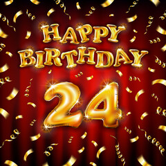 Happy Birthday 24 message made of golden inflatable balloon twenty four letters isolated on red background fly on gold ribbons with confetti. Happy birthday party balloons vector illustration