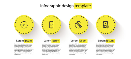 Set Clock 24 hours, Dead mobile, Waiting and Hard disk drive HDD protection. Business infographic template. Vector.