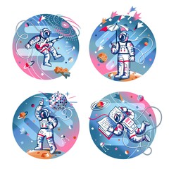 Funny astronaut in space set. Man dancing to funky disco music, playing guitar, standing with umbrella in space, reading book. Space exploration fun entertainment vector illustration