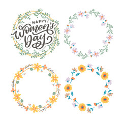 Happy Women s Day handwritten lettering. Modern vector hand drawn calligraphy with abstract flowers for your greeting card design