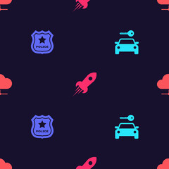Set Car rental, Police badge, Rocket ship with fire and Network cloud connection on seamless pattern. Vector.