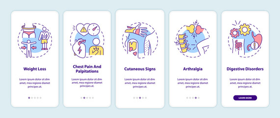 Post-covid health effects onboarding mobile app page screen with concepts. Recovery from illness walkthrough 5 steps graphic instructions. UI vector template with RGB color illustrations