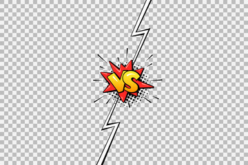 Pop art versus background template for cartoon comic book page or poster. Boom bubble with halftone effect and lightning border in pop-art style design. VS sign isolated on transparent background.