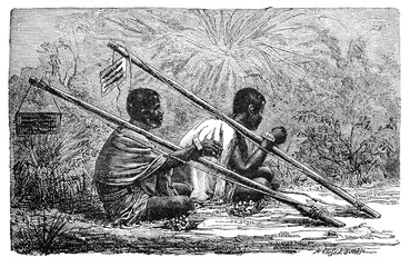Tied prisoners in Siam, Thailand. Culture and history of North Africa. Vintage antique black and white illustration. 19th century.