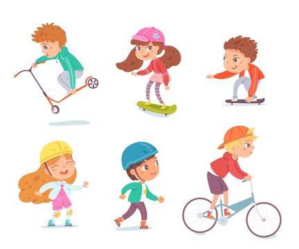 Kids playing sports set. Happy children doing healthy exercise at leisure time vector illustration. Boys and girls on scooter, roller skates, skateboard, bike on white background