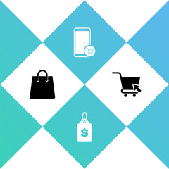 Set Handbag, Price tag with dollar, Mobile shopping cart and Shopping cursor icon. Vector.