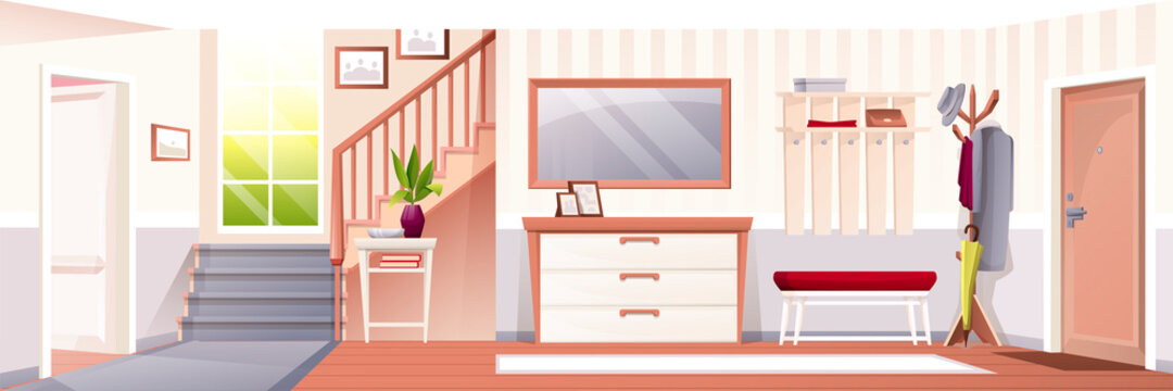 Hallway at home interior design background. House with entrance door, cupboard, hanger, mirror, table, staircase, window vector illustration. Foyer room horizontal panorama view